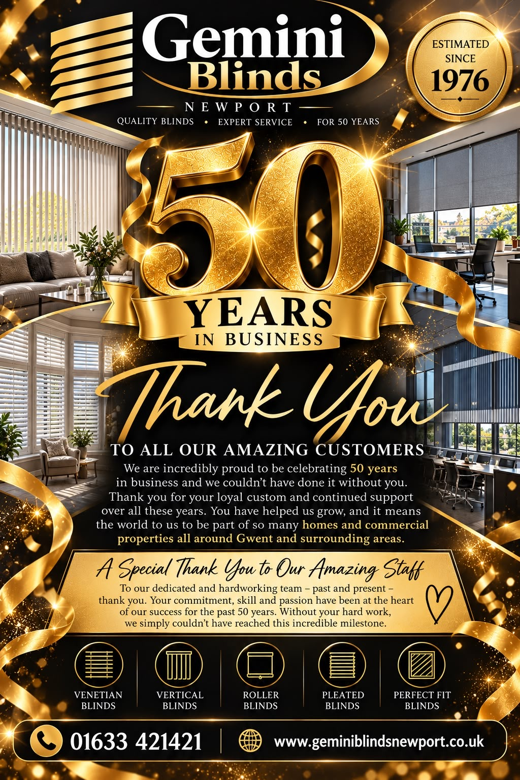 Gemini Blinds 50 years in business anniversary artwork, celebrating 1976–2026.
