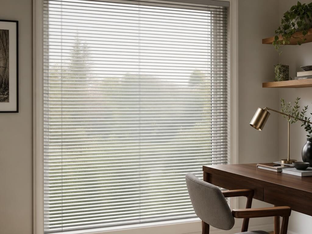 Slim silver aluminium Venetian blind with fine slats half tilted on a home office window behind a walnut desk.