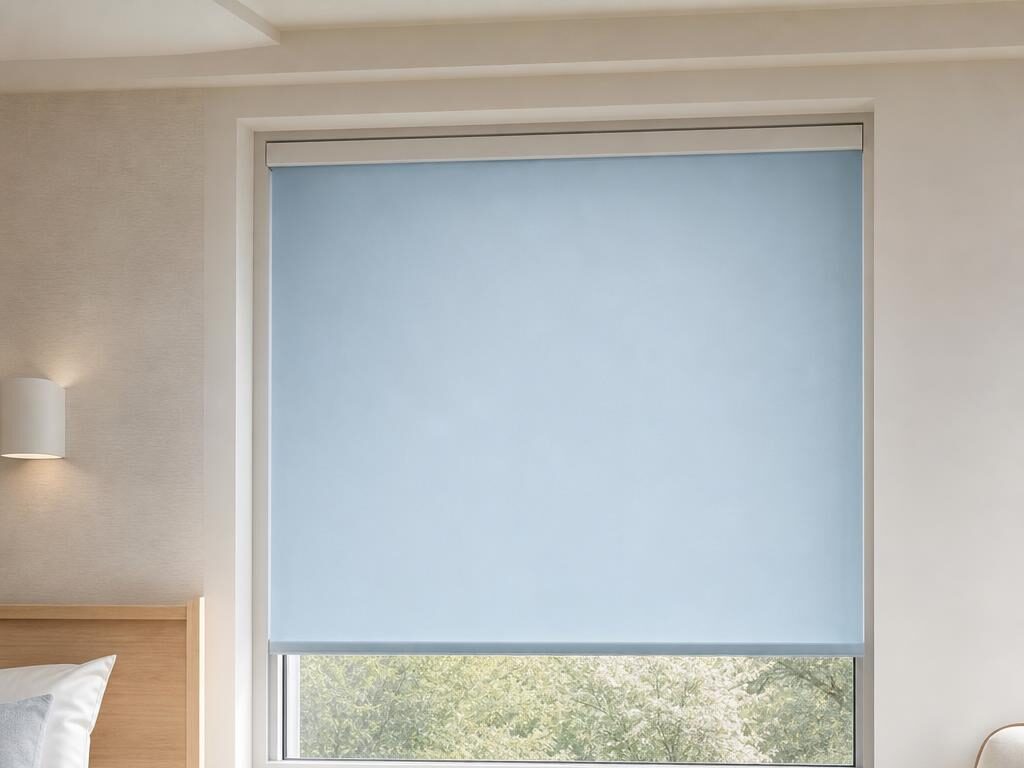 Pale blue cord-free roller blind fitted flush inside a recessed window in a calm healthcare bedroom.