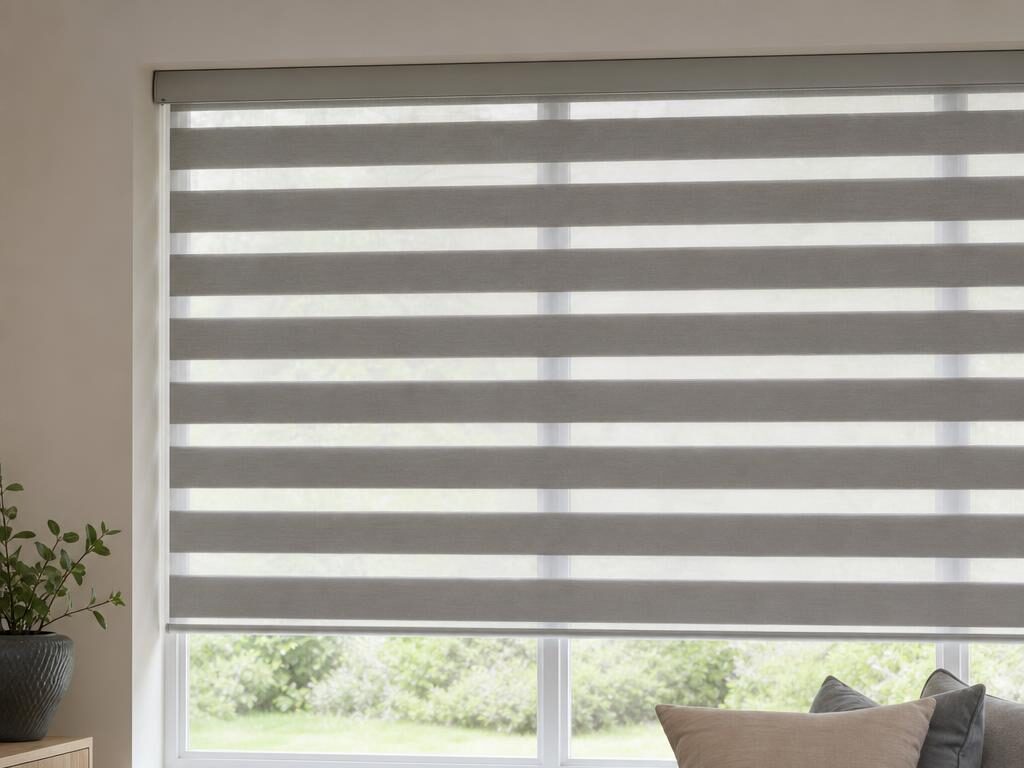 Day and Night blind with alternating grey opaque and sheer horizontal bands glowing with daylight on a living room window.