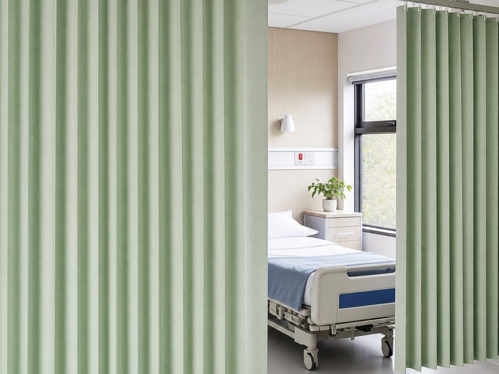 Pale green disposable privacy curtains hanging in even pleats from a ceiling track beside a hospital bed.