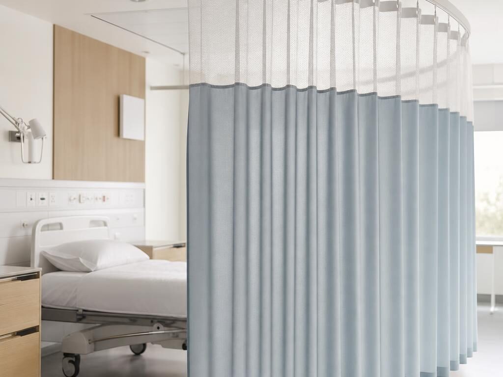 Curved ceiling-mounted privacy track with a pale blue curtain drawn part way around a hospital bed.