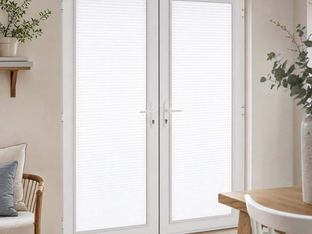 White uPVC French doors with a slim Perfect Fit frame and pleated blind fitted neatly inside each glass pane.