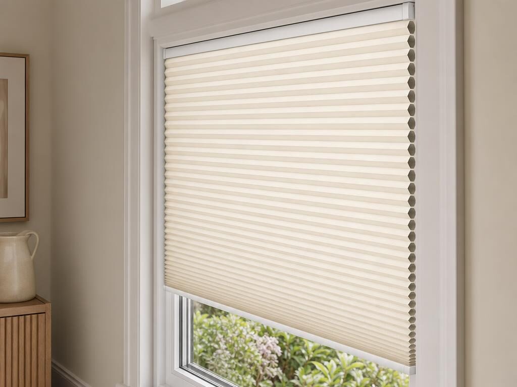 Cream Perfect Fit Hive blind held in a slim white frame inside a uPVC window, honeycomb cells visible in profile.