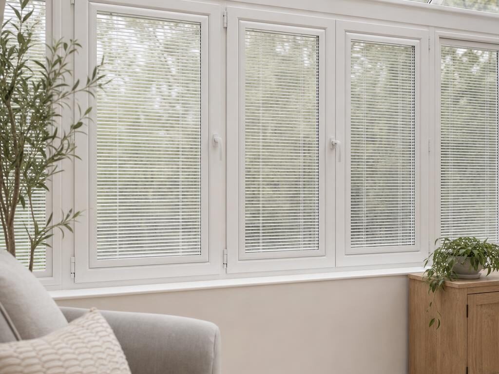 Perfect Fit Venetian blinds with fine white slats fitted within the frames of a white uPVC conservatory window.