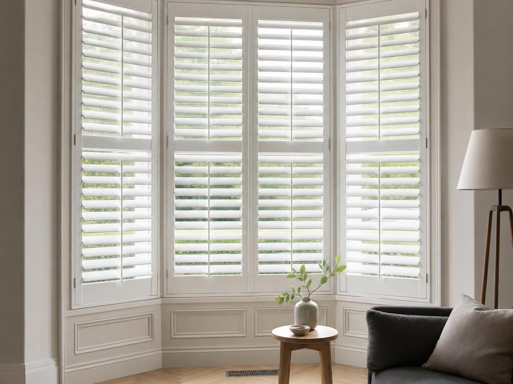 White full-height plantation shutters with wide louvres and tilt rods fitted across a period bay window.