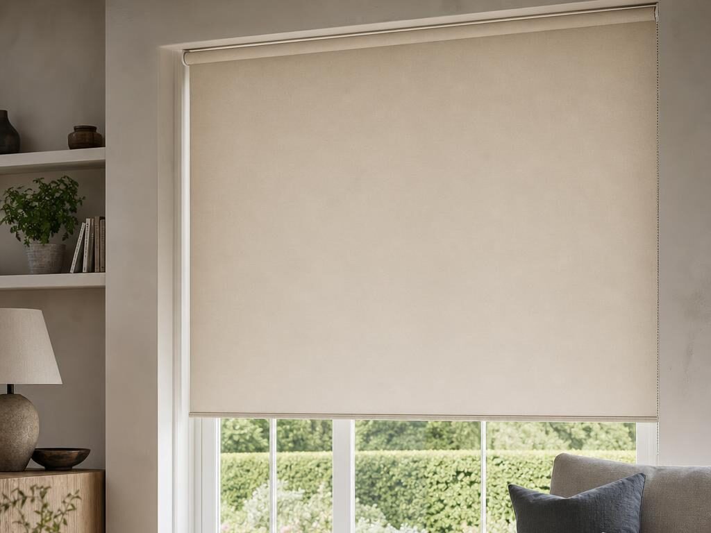 Plain oatmeal roller blind lowered two thirds of the way down a living room window beside a linen sofa.