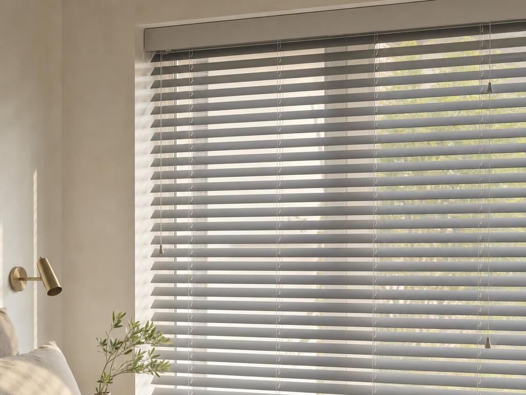 Stone grey Venetian blind with horizontal slats tilted half open above a bed in morning light.