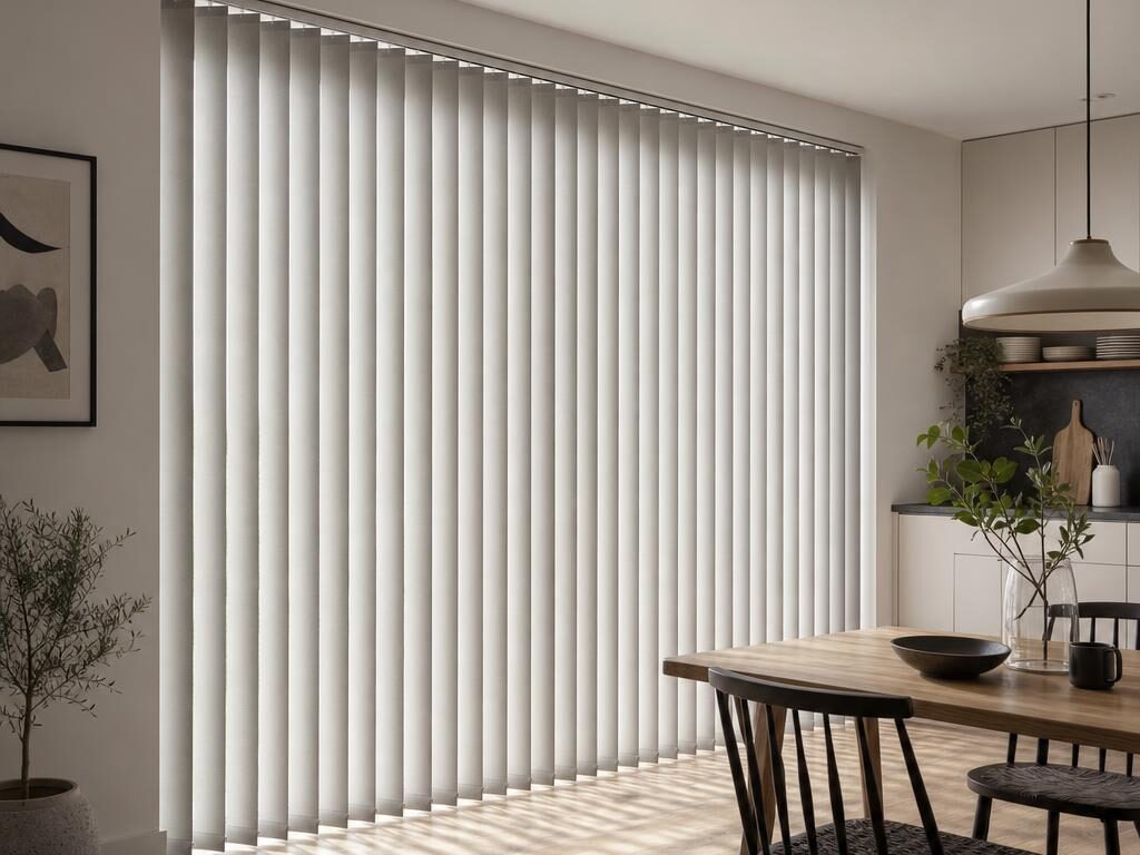 Pale grey vertical blind louvres angled half open across wide patio doors in an open-plan kitchen-diner.