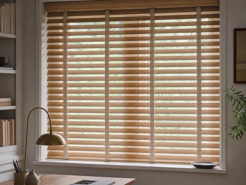 Wooden Venetian blind with wide light oak slats and cotton ladder tapes on a study window above a desk.