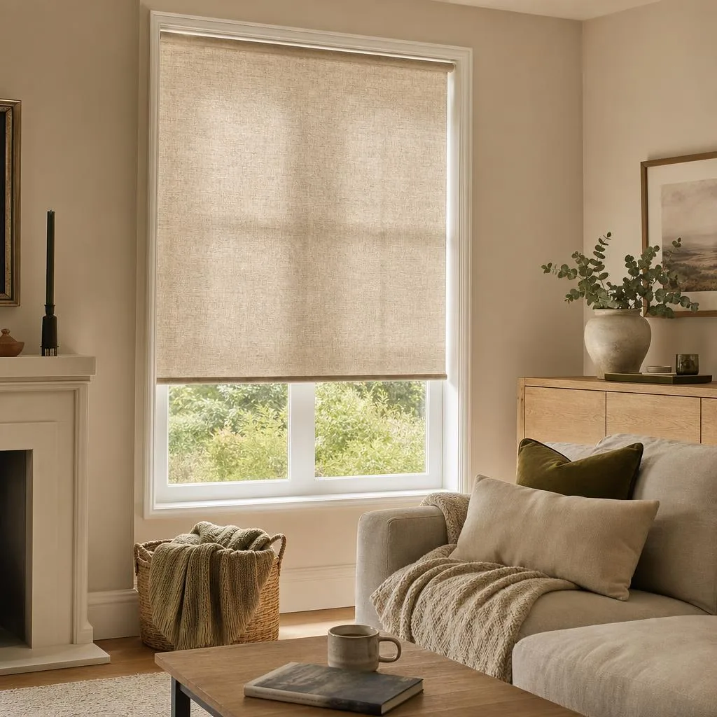 Illustrative interior: a living room with a textured oatmeal roller blind lowered two-thirds of the way over a bright window, beside a linen sofa and oak sideboard